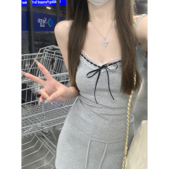 Real shot of 2025 spring and summer Korean version of slim lace bow pure inner strap vest T-shirt top