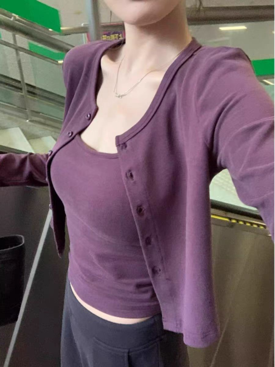1*1 freely 260g Korean purple cardigan small suspender two-piece set women's atmosphere gentle short jacket