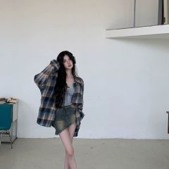 春秋新款復古撞色格子襯衫高級感百搭疊穿寬鬆外穿開衫外套女