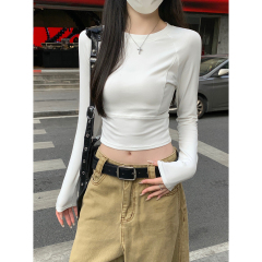 Real shot of spring Korean style slim rag-shoulder fish bone slim and versatile long-sleeved base shirt T-shirt top for women