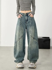 美式復古彎刀牛仔褲女春季2025新款高腰闊腿褲設計感小眾高街褲子