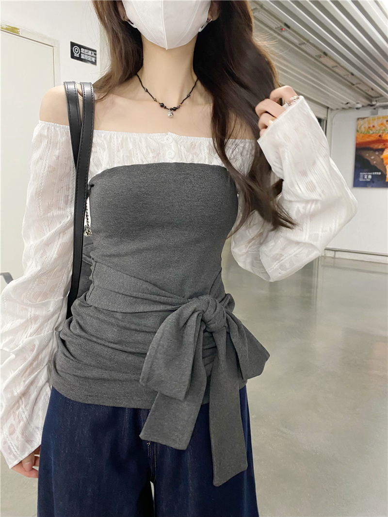 Real shot of the new spring and autumn temperament fake two-piece one-shoulder slim women's top T-shirt