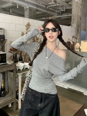 莫代爾260純欲辣妹修身顯瘦露肩長袖T恤女早秋設計感百搭上衣