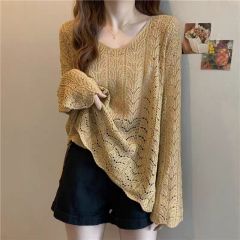 V領鏤空針織衫防曬罩衫T恤女春夏新款慵懶風寬鬆顯瘦長袖上衣