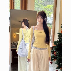 Delian 1*1 yellow neck halter tie fake two-piece front shoulder long sleeve T-shirt for women
