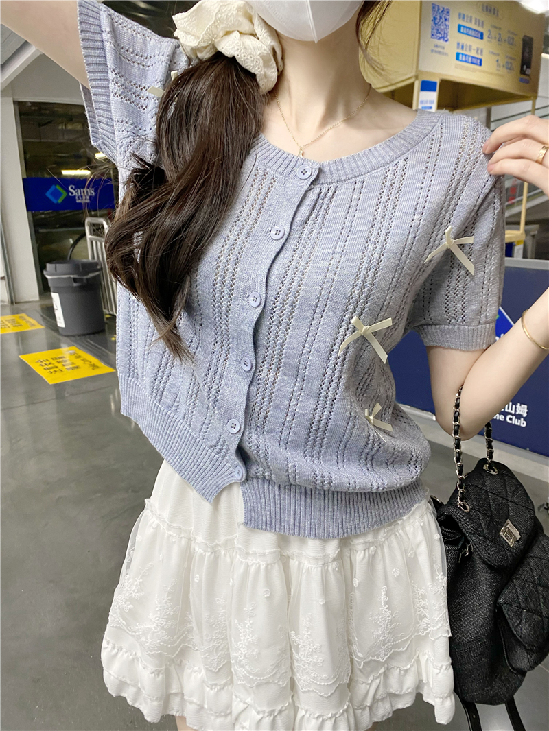 Real photo of round neck hollow bow short-sleeved sweater for women 2025 spring and summer short casual slim top