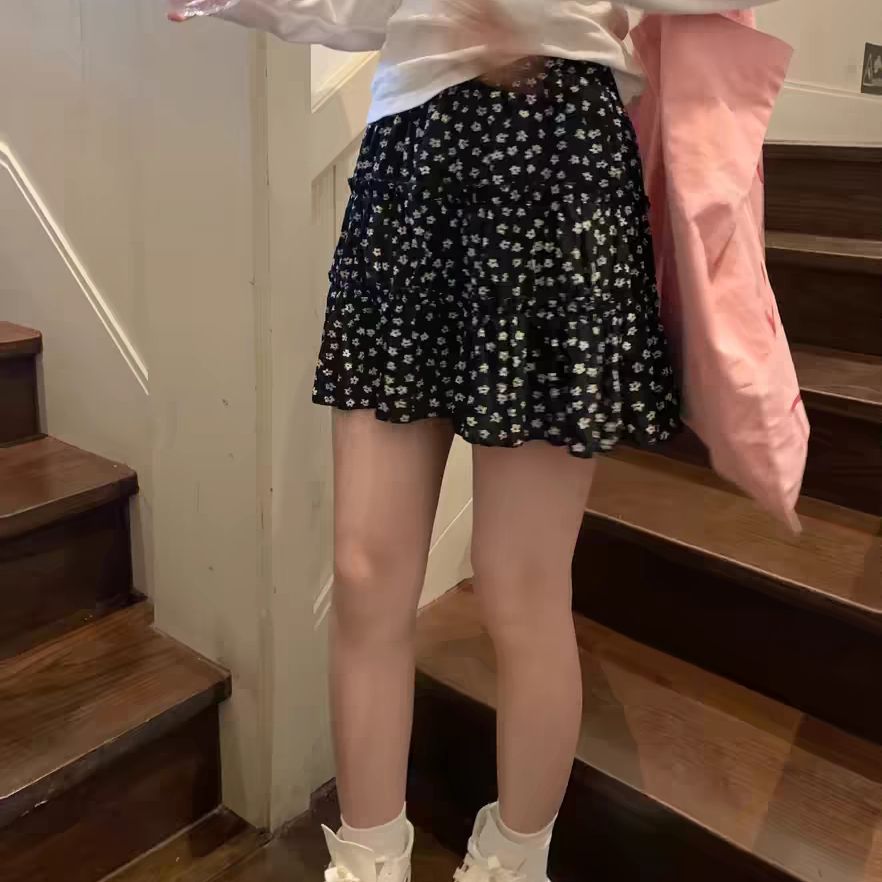 韓系黑色碎花半身裙女夏季2025新款大碼小個子蛋糕裙a字短裙裙子