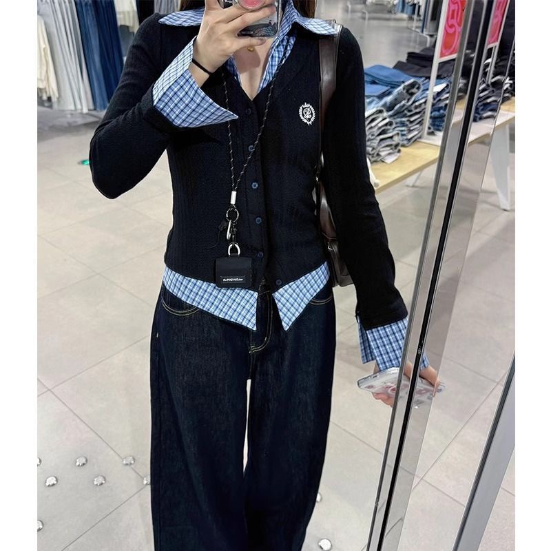 1*1 threaded German velvet fake two-piece plaid splicing shirt for women