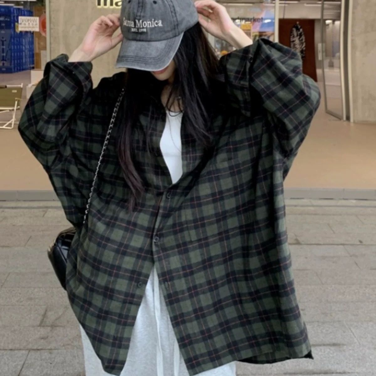 復古chic綠色格子襯衫女秋冬季寬鬆慵懶風中長款襯衣外套開衫外搭