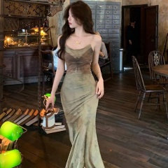 復古蝴蝶網紗彈力新款吊帶連衣裙女夏季氣質裙子辣妹修身包臀長裙