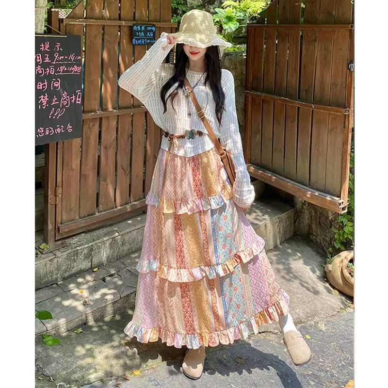 夏季旅遊穿搭花色拼接蛋糕裙女2025夏季設計感小個子半身裙女潮