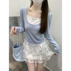 Real shot of spring Korean version of square neck contrasting colored black ears fake two pure age-reducing long-sleeved base T-shirt top