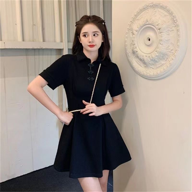 高級感黑色連衣裙女夏氣質裙子改良旗袍裙短裙大碼顯瘦新中式裙子