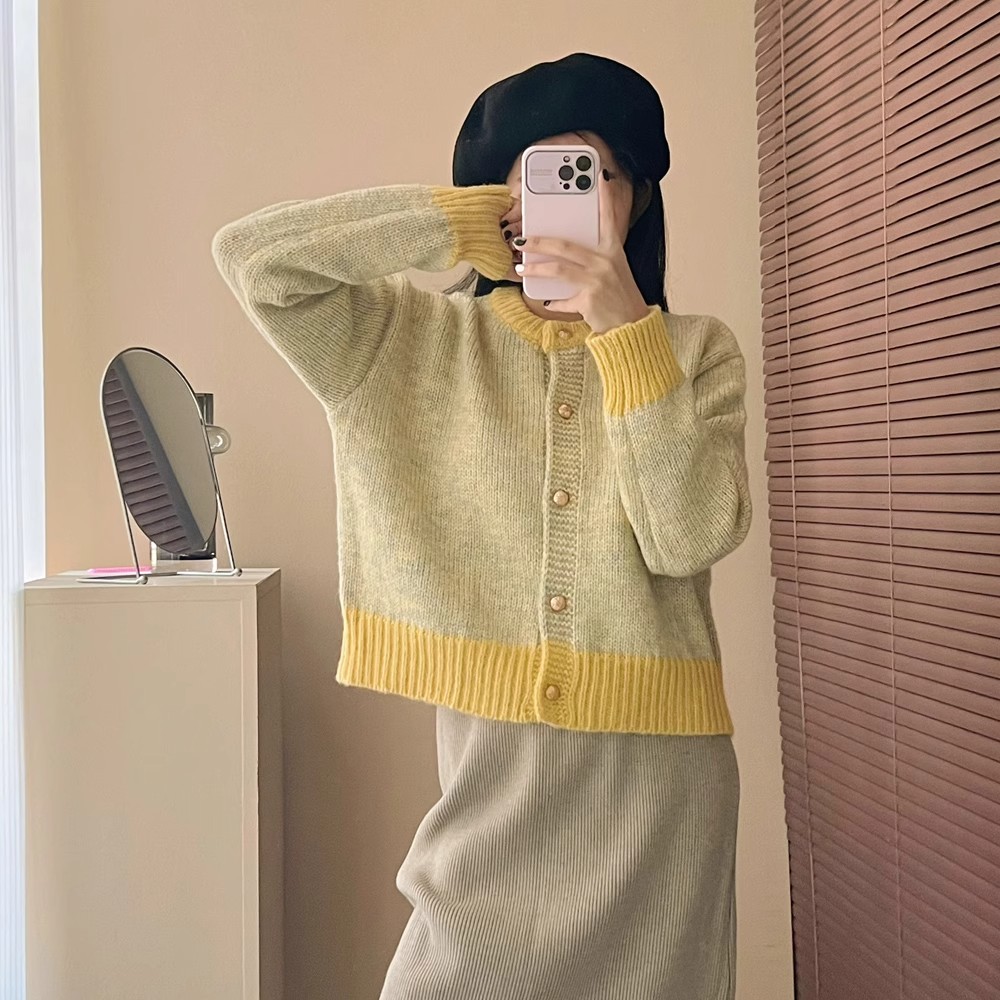 小香風黃色短款毛衣外套女春秋春裝新款慵懶風小個子針織開衫上衣