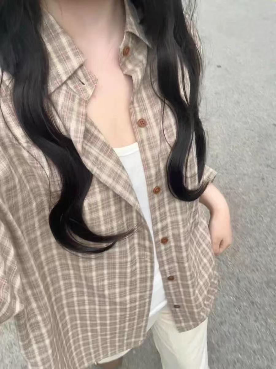 Korean retro plaid shirt for women layered oversize loose flesh covering lazy style sun protection cardigan long sleeves