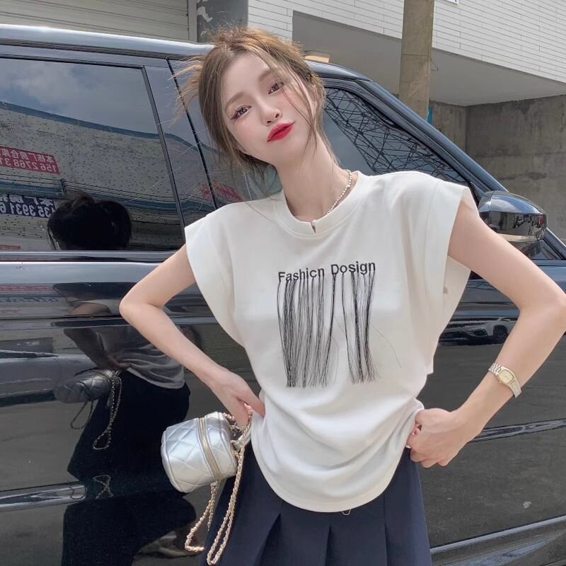 辣妹不規則白色小飛袖正肩短袖t恤女夏季含棉蝙蝠袖寬鬆收腰上衣