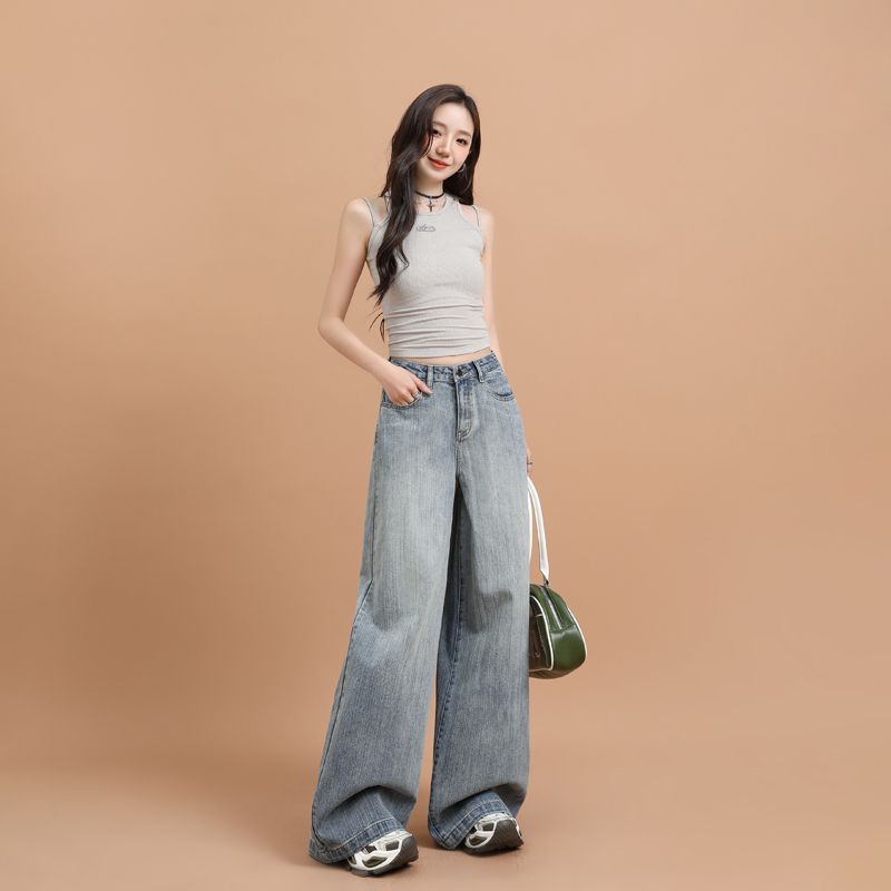 Real shot of 2025 spring fashion trend casual pants for women high waist drooping wide-leg pants
