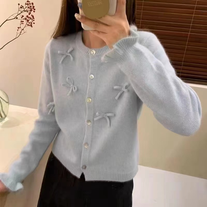 設計感圓領蝴蝶結洋氣針織毛衣女開衫春秋冬新款氣質毛衣外套