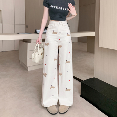 實拍~卡通立體刺繡直筒牛仔褲女春季設計感高腰顯瘦闊腿褲子