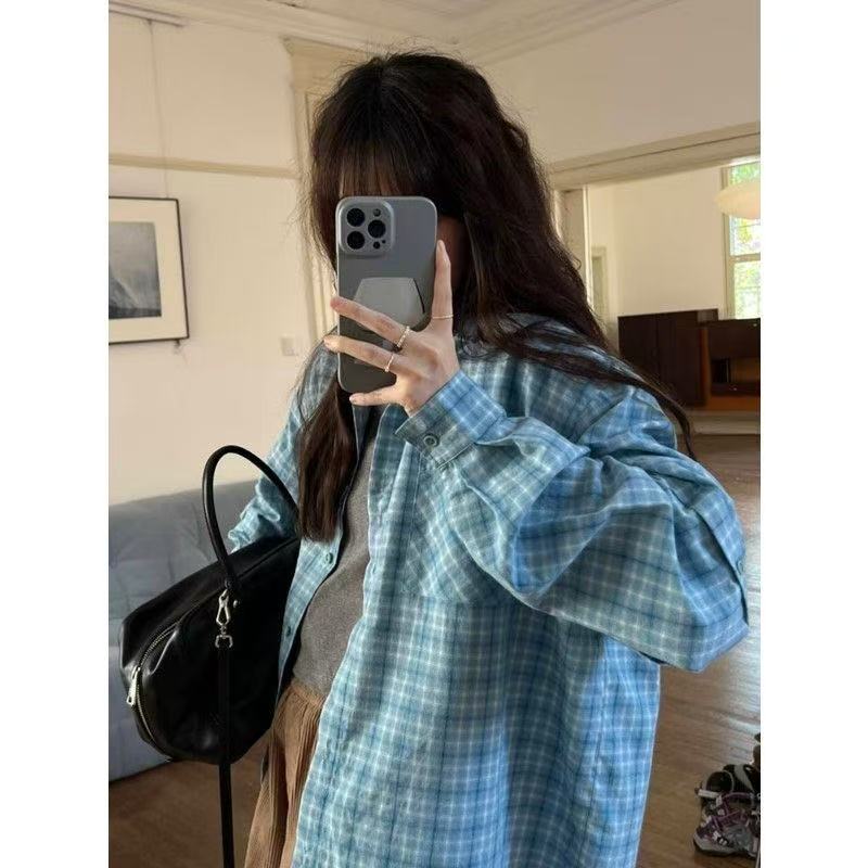 常規款復古慵懶格襯衫女學生春季新款韓系高級感寬鬆襯衣長袖外套