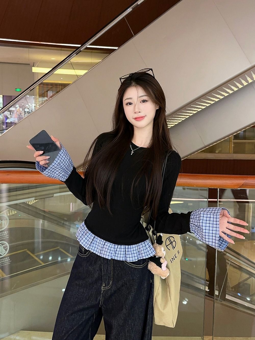 韓系格紋拼接打底衫女秋冬修身內搭正肩顯瘦長袖外搭t恤上衣