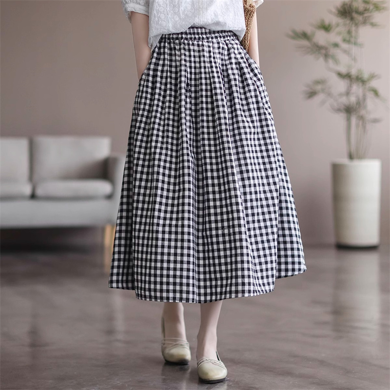 Simple cotton and linen plaid skirt, elastic waist versatile women's mid-length A-line skirt, new summer style