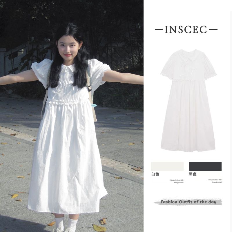 2025夏季甜美白色連衣裙寬鬆顯瘦泡泡袖初戀少女減齡學院風中長裙