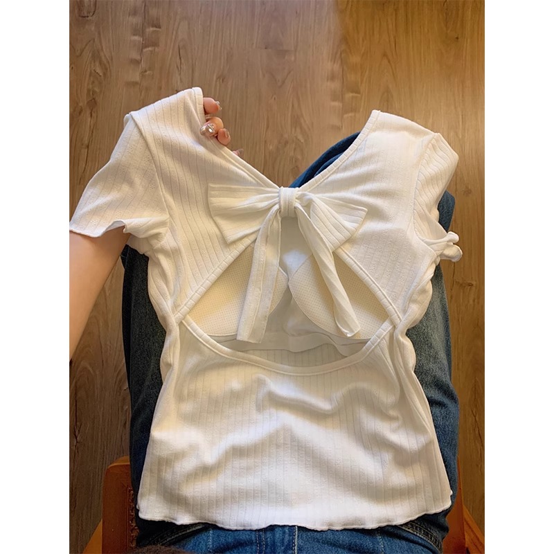 原版布料+乳膠胸墊純欲風設計感小眾辣妹露背打底顯瘦短袖