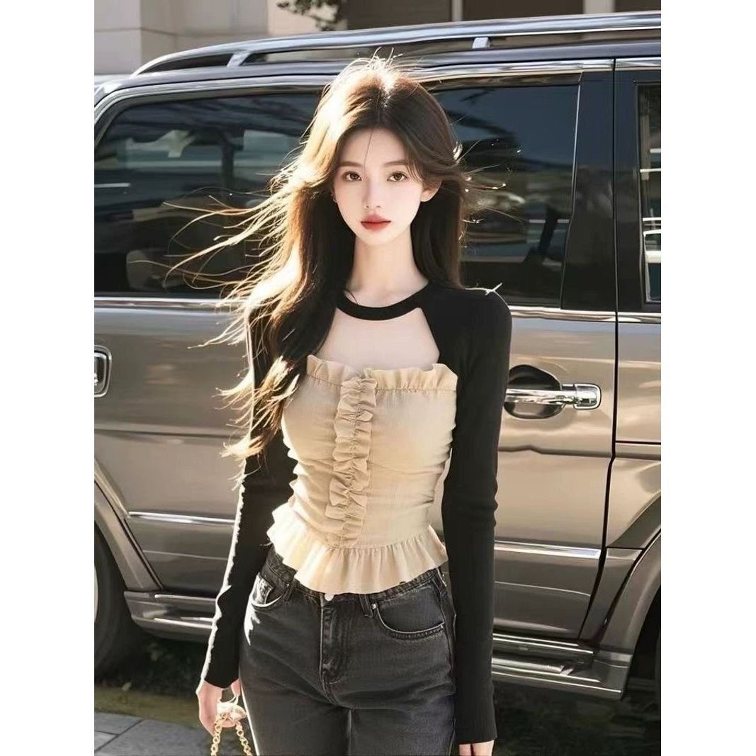 *1 Pure cotton high-end sense of wood ears with hollow round neck long sleeve base shirt for women