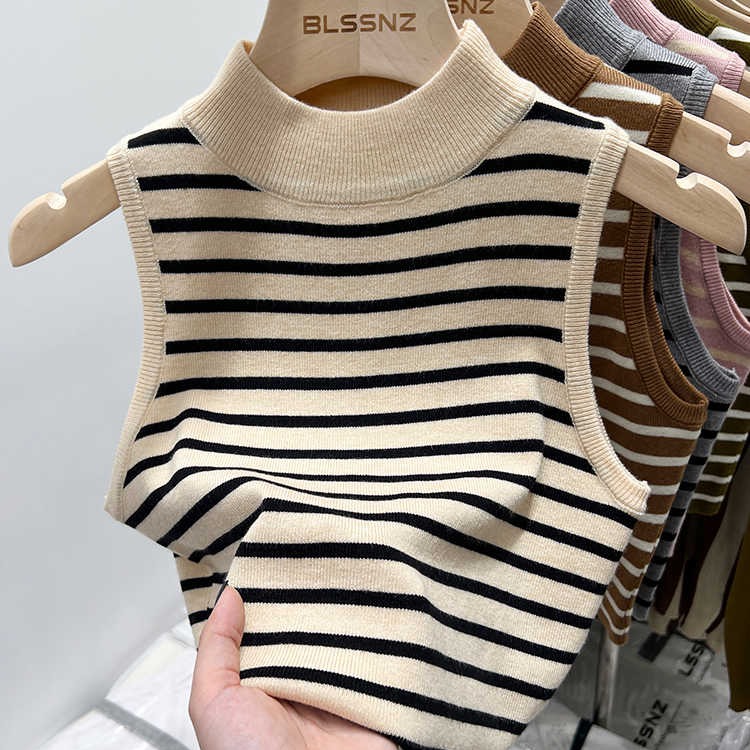 Half turtleneck striped suspender base vest for women 2025 new suit underwear top spring and autumn sleeveless knitted sweater