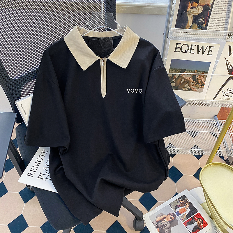 實拍 220g珠地 夏季新款POLO領拉鏈短袖T恤女寬鬆大碼300斤黑色潮