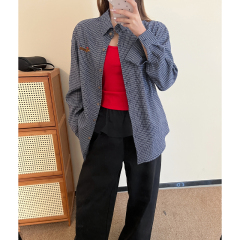 Real photo of POLO collar plaid shirt underwear 2025 spring new embroidered loose long-sleeved top for women