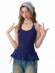 ziziFei春夏季設計感外穿短款上衣花邊蝴蝶結針織掛脖背心吊帶女