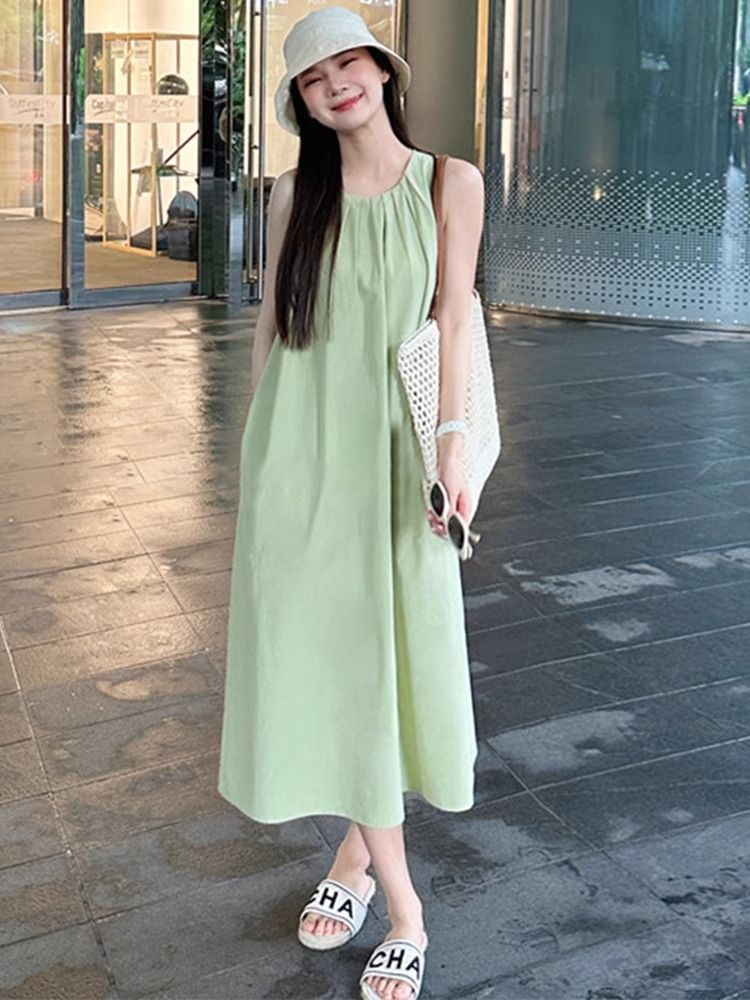 綠色無袖背心連衣裙子女夏季2025新款海邊度假法式氣質高級感長裙