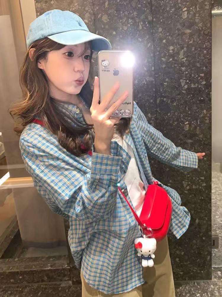 原版面料藍色格子襯衫上衣女新款夏季薄款慵懶風休閒寬鬆