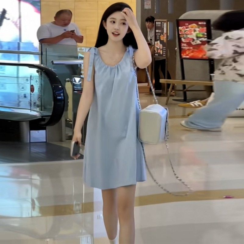 法式甜美小清新藍色無袖背帶連衣裙女2025新款夏季系帶直筒短裙子