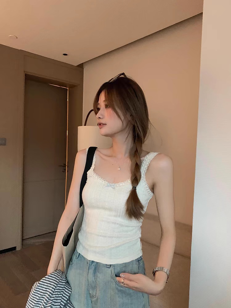 High quality, original fabric lace ~ pure desire lace bow suspender women's slim fit top early spring