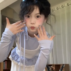 Blue fake two-piece stand collar strap suspender long-sleeved T-shirt for women's spring and autumn ruffle splicing contrasting color high-end top