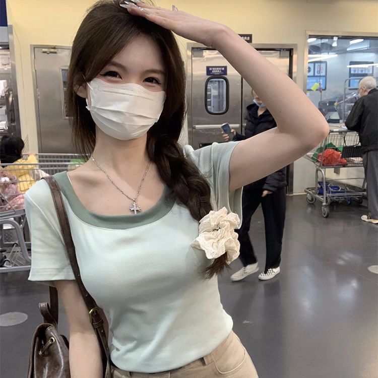 92 cotton 8 spandex 260g color block square collar pullover short-sleeved T-shirt for women 2025 new short slim top trendy