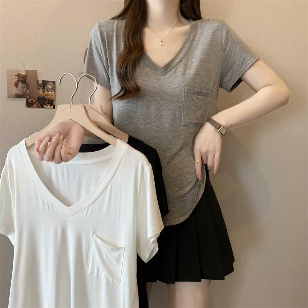 Real shot 26 pure cotton 170g 100% cotton 2025 summer V-neck pocket short-sleeved T-shirt for women