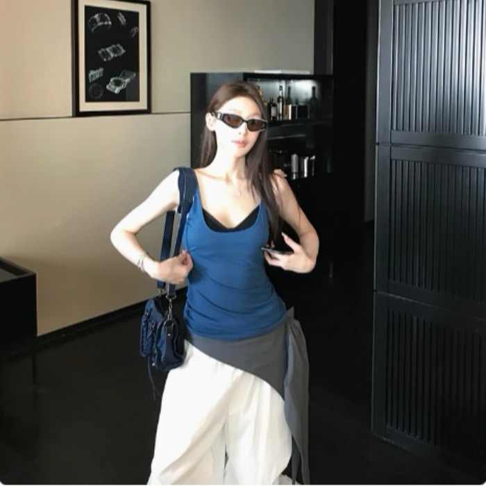Skk Store 曼谷熱浪 天絲亞麻辣妹小眾設計感休閒針織吊帶背心女