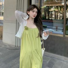 Beach Vacation Dress Green Travel Outfit Long Skirt French Straps Backless Fairy Dress Beach Dress for Girls and Boys Summer