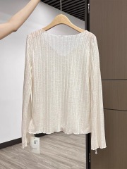 早春法式微透木耳邊V領長袖女純欲薄款防曬罩衫寬鬆T恤高級感上衣