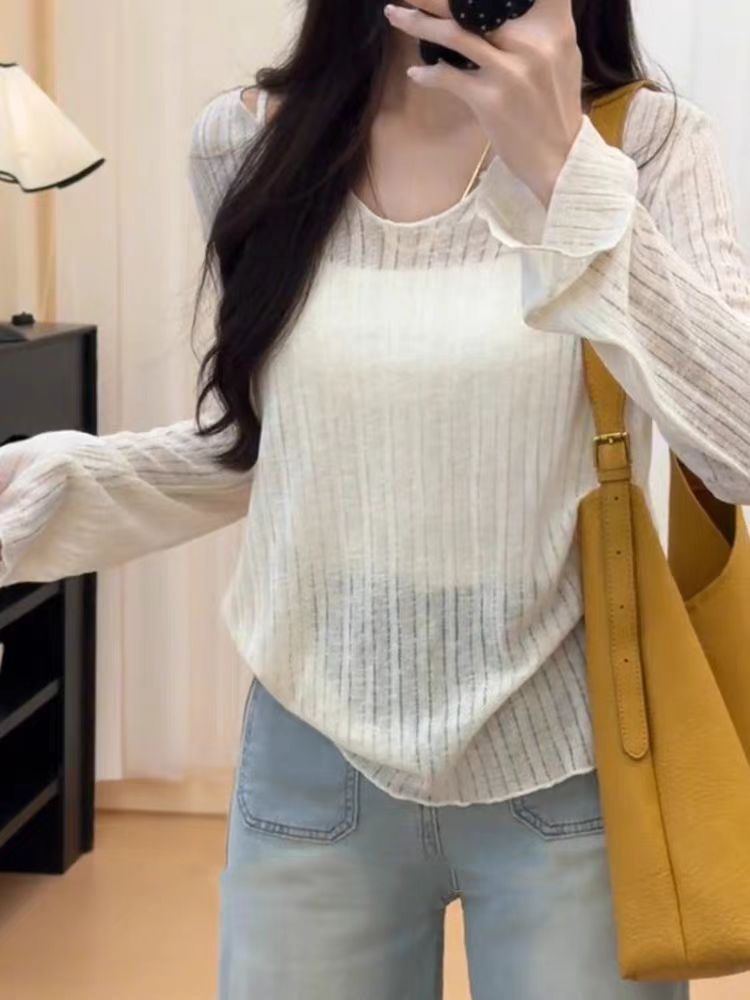 簿款微透防曬針織衫女2025春新款坑條高級感透氣打底罩衫長袖上衣