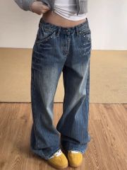 美式復古鉚釘水洗閃電直筒牛仔褲子女秋冬新款做舊設計辣妹闊腿褲