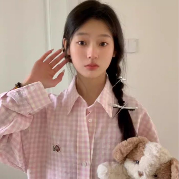 Pink Dopamine plaid long-sleeved shirt for women 2025 spring Korean sweet lazy style sunscreen jacket top trendy