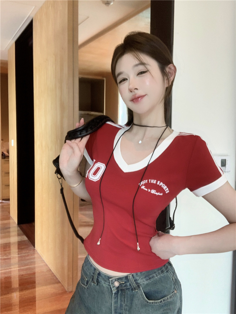 Real shot ~ American V-neck shoulder jersey, sporty short-sleeved t-shirt, summer hottie slim design top