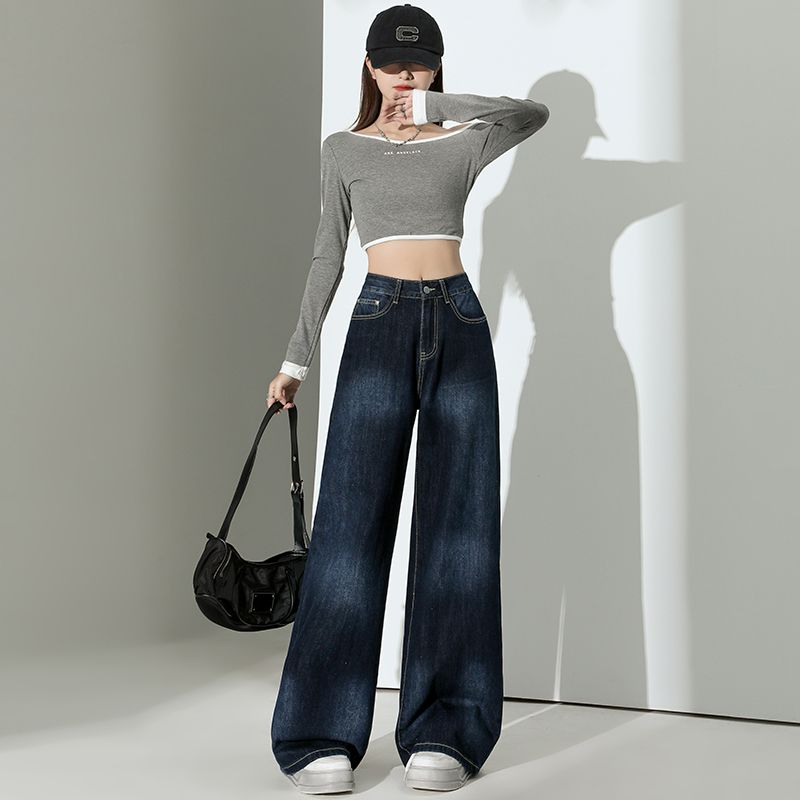 Real shot of 2025 spring fashion straight-leg pants loose slim casual big wide-leg pants jeans for women