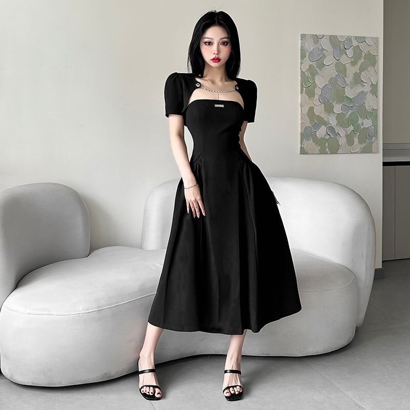 辣妹風兩件套裝女夏季法式赫本風小黑裙抹胸吊帶連衣裙+短款外套