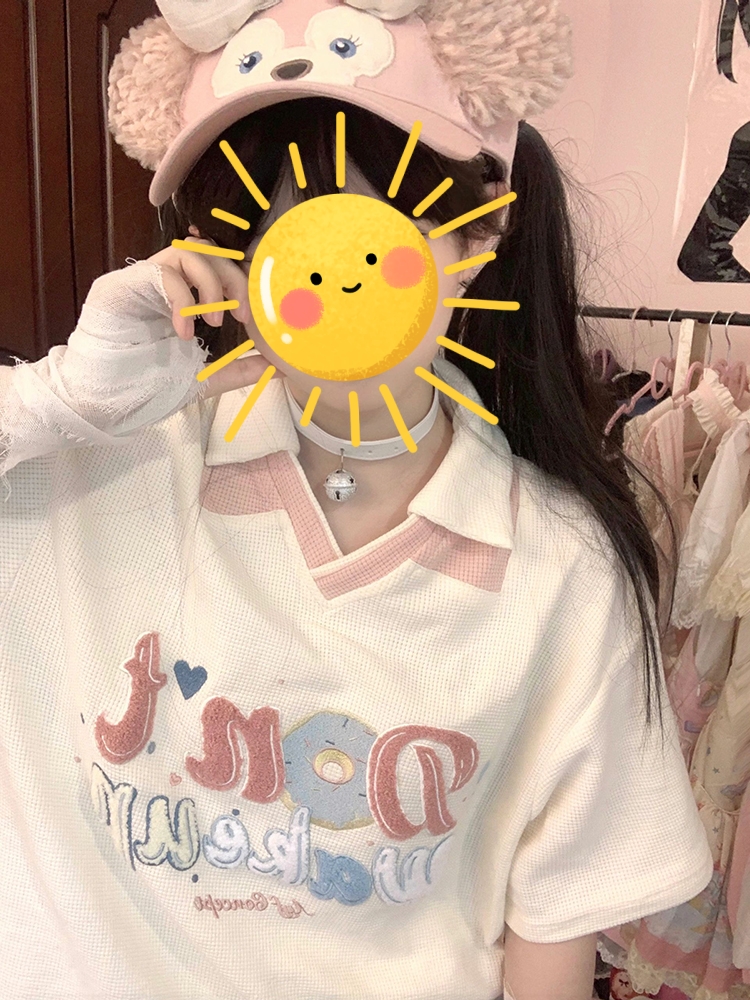 220g華夫格 夏季美式復古字母刺繡短袖t恤男女華夫格polo領上衣潮